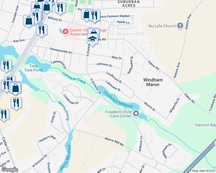 map of restaurants, bars, coffee shops, grocery stores, and more near 108 Lakeview Drive in Salisbury