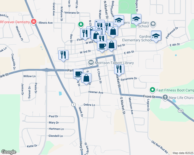 map of restaurants, bars, coffee shops, grocery stores, and more near 209 Oak Street in Waterloo