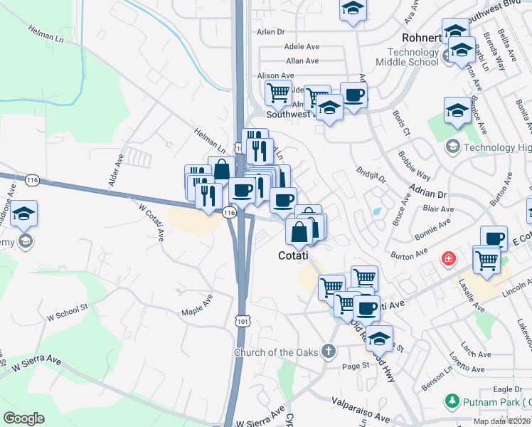 map of restaurants, bars, coffee shops, grocery stores, and more near 8575 Gravenstein Highway in Cotati