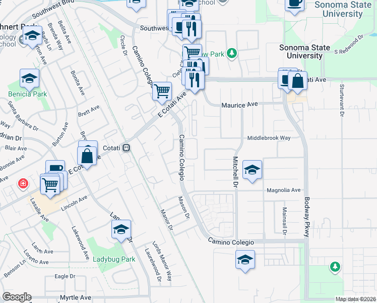 map of restaurants, bars, coffee shops, grocery stores, and more near 7737 Camino Colegio in Rohnert Park