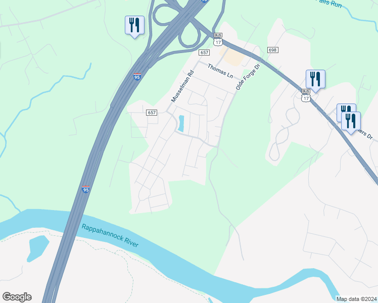 map of restaurants, bars, coffee shops, grocery stores, and more near 135 Tree Line Drive in Fredericksburg