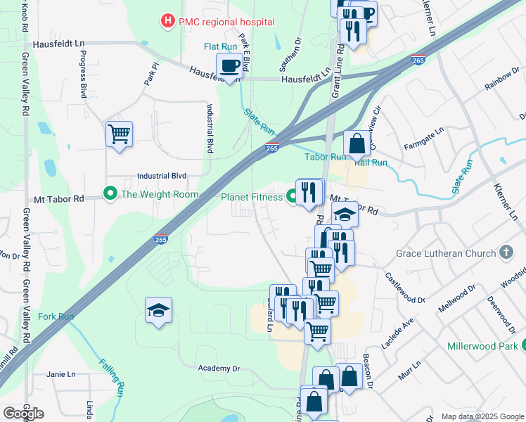 map of restaurants, bars, coffee shops, grocery stores, and more near 3509 Tabor Court in New Albany