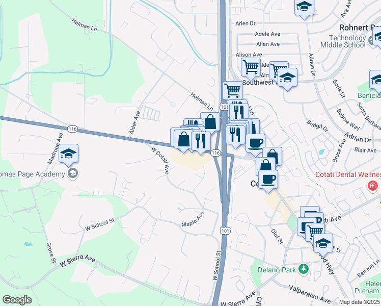 map of restaurants, bars, coffee shops, grocery stores, and more near 8510 Gravenstein Highway in Cotati