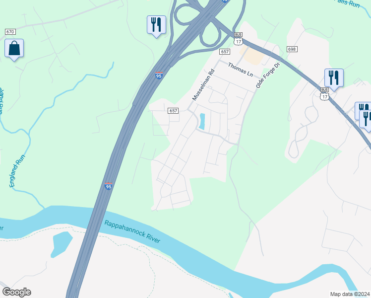 map of restaurants, bars, coffee shops, grocery stores, and more near 307 Streamview Drive in Fredericksburg