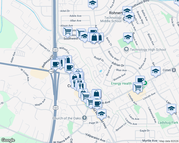 map of restaurants, bars, coffee shops, grocery stores, and more near 527 Loma Verde Lane in Rohnert Park