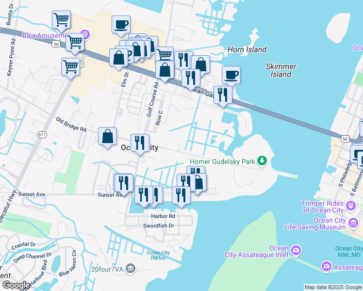 map of restaurants, bars, coffee shops, grocery stores, and more near 12901 Old Bridge Road in Ocean City