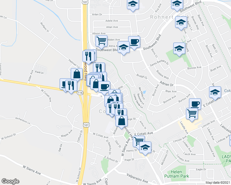 map of restaurants, bars, coffee shops, grocery stores, and more near 301 Wilford Lane in Cotati