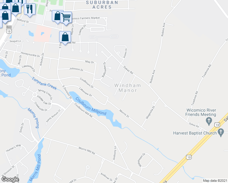 map of restaurants, bars, coffee shops, grocery stores, and more near 1426 Beckford Court in Salisbury