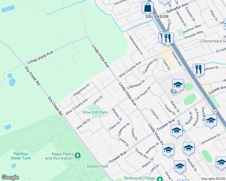 map of restaurants, bars, coffee shops, grocery stores, and more near 47 Winedale Lane in Napa