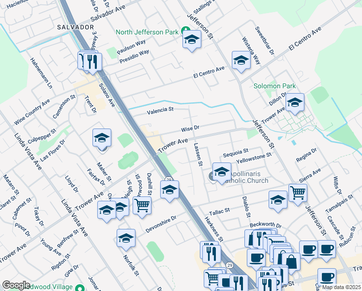 map of restaurants, bars, coffee shops, grocery stores, and more near 3968 Klamath Way in Napa