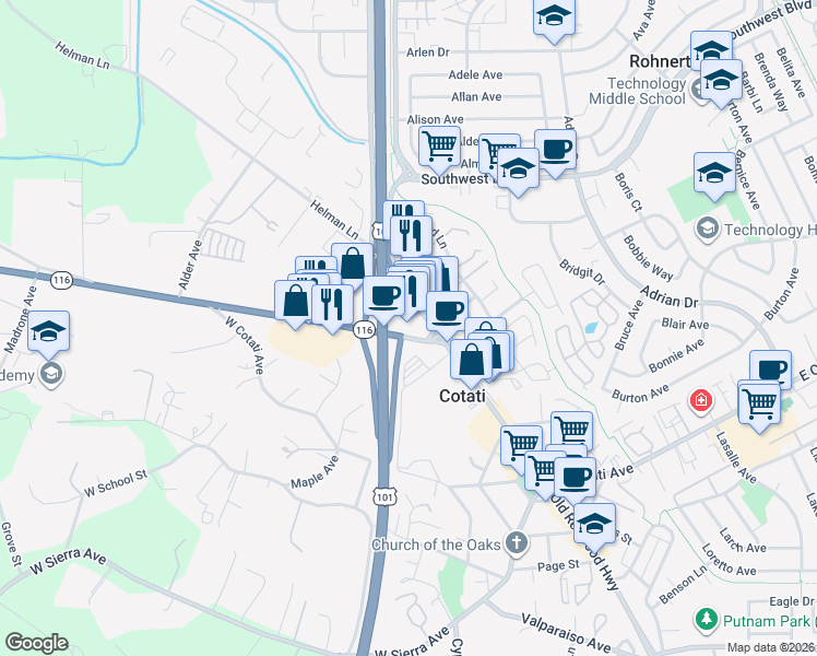 map of restaurants, bars, coffee shops, grocery stores, and more near 8575 Gravenstein Highway in Cotati