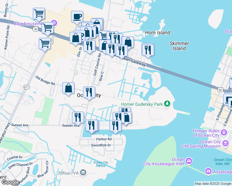 map of restaurants, bars, coffee shops, grocery stores, and more near 12901 Old Bridge Road in Ocean City