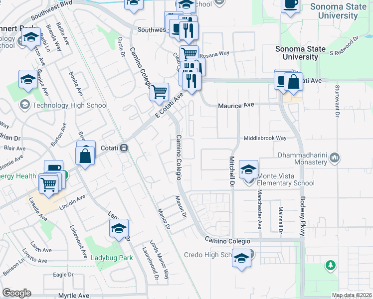 map of restaurants, bars, coffee shops, grocery stores, and more near 7737 Camino Colegio in Rohnert Park