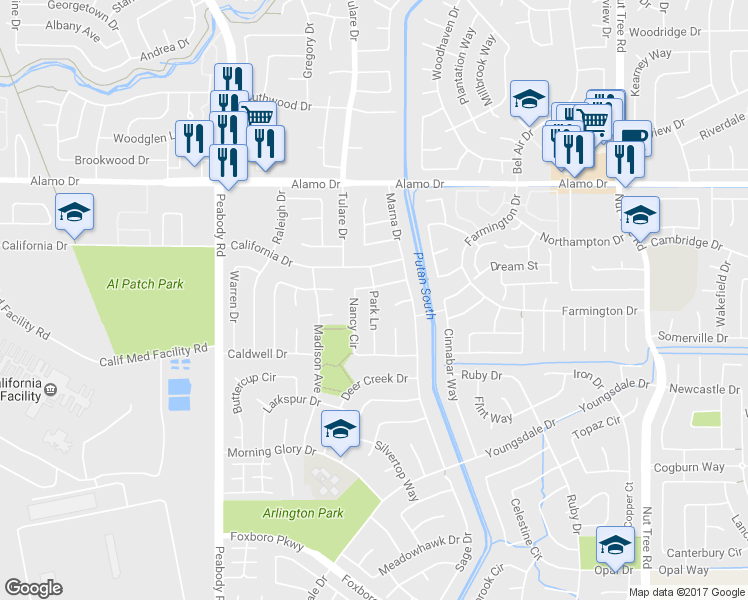 map of restaurants, bars, coffee shops, grocery stores, and more near 220 Park Lane in Vacaville
