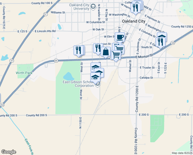 map of restaurants, bars, coffee shops, grocery stores, and more near 943 South Franklin Street in Oakland City