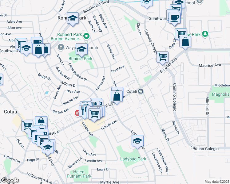 map of restaurants, bars, coffee shops, grocery stores, and more near 781 East Cotati Avenue in Rohnert Park
