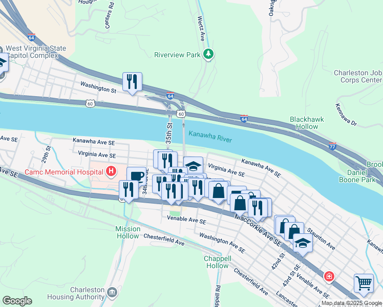 map of restaurants, bars, coffee shops, grocery stores, and more near 3610 Virginia Avenue in Charleston