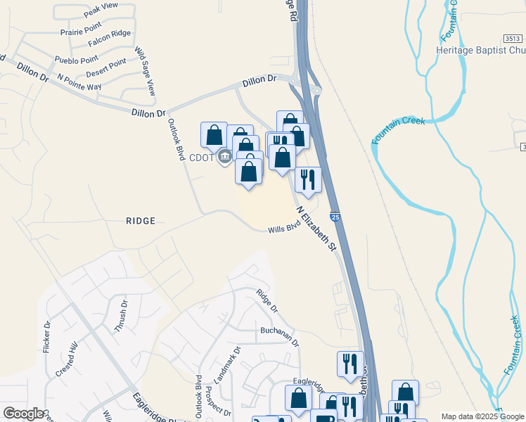 map of restaurants, bars, coffee shops, grocery stores, and more near 5627 North Elizabeth Street in Pueblo