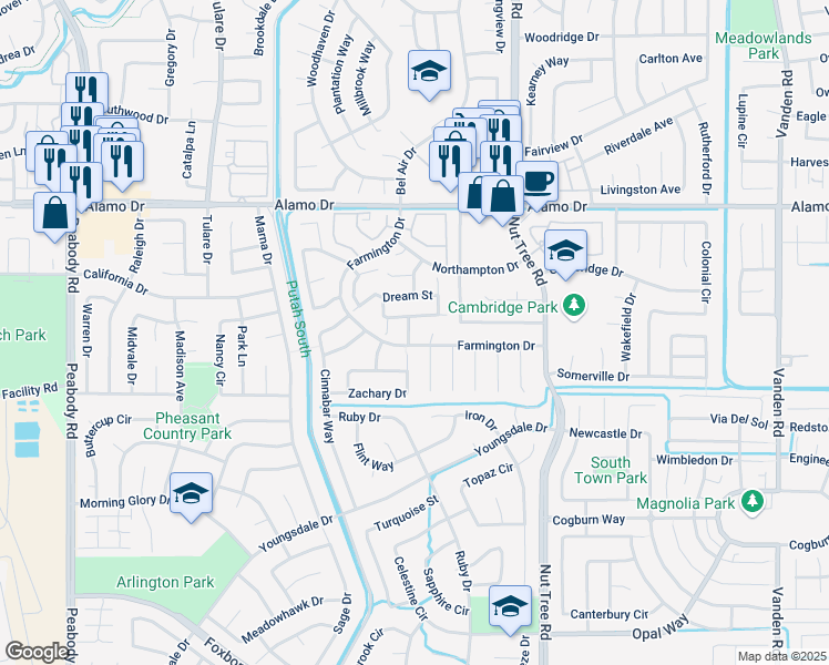 map of restaurants, bars, coffee shops, grocery stores, and more near 107 Colony Way in Vacaville