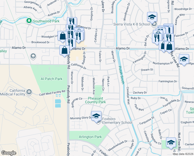map of restaurants, bars, coffee shops, grocery stores, and more near 356 Nancy Circle in Vacaville