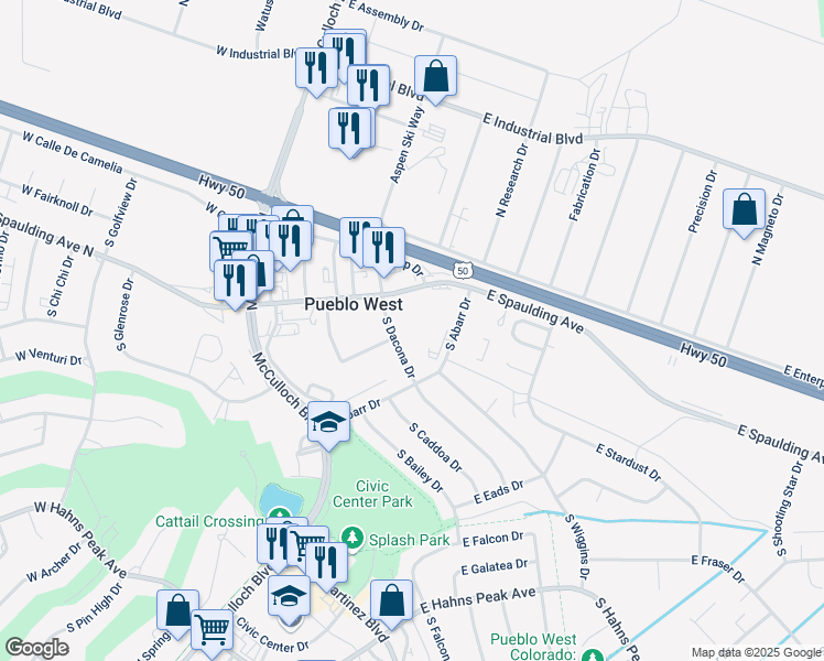 map of restaurants, bars, coffee shops, grocery stores, and more near 170 South Dacona Drive in Pueblo West