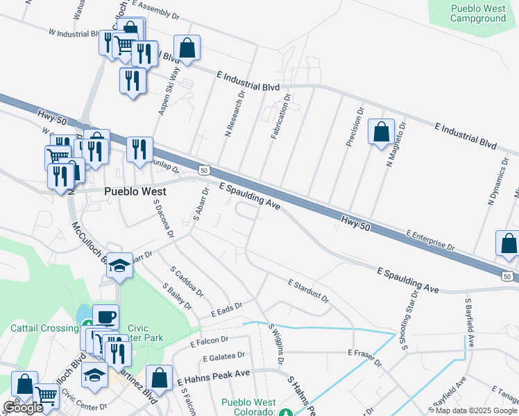 map of restaurants, bars, coffee shops, grocery stores, and more near 134 South Stardust Drive in Pueblo West