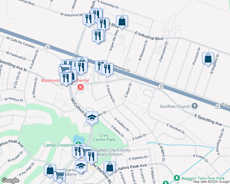 map of restaurants, bars, coffee shops, grocery stores, and more near 170 South Dacona Drive in Pueblo West