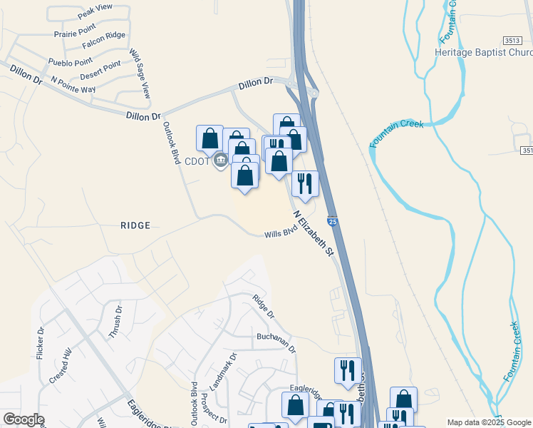 map of restaurants, bars, coffee shops, grocery stores, and more near 5627 North Elizabeth Street in Pueblo