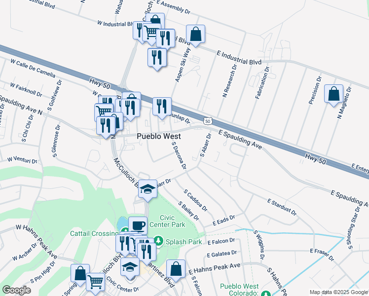 map of restaurants, bars, coffee shops, grocery stores, and more near 145 South Abarr Drive in Pueblo West