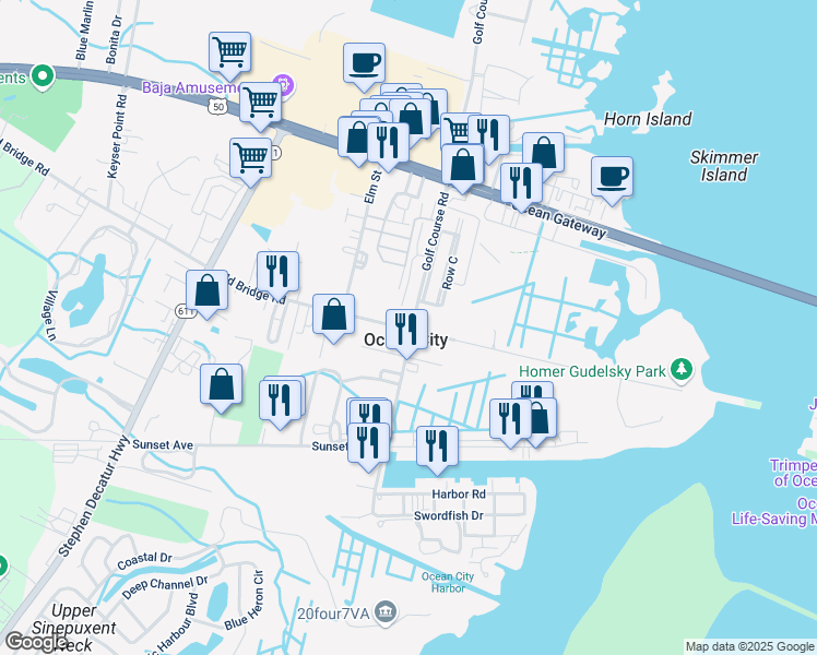 map of restaurants, bars, coffee shops, grocery stores, and more near 9823 Golf Course Road in Ocean City