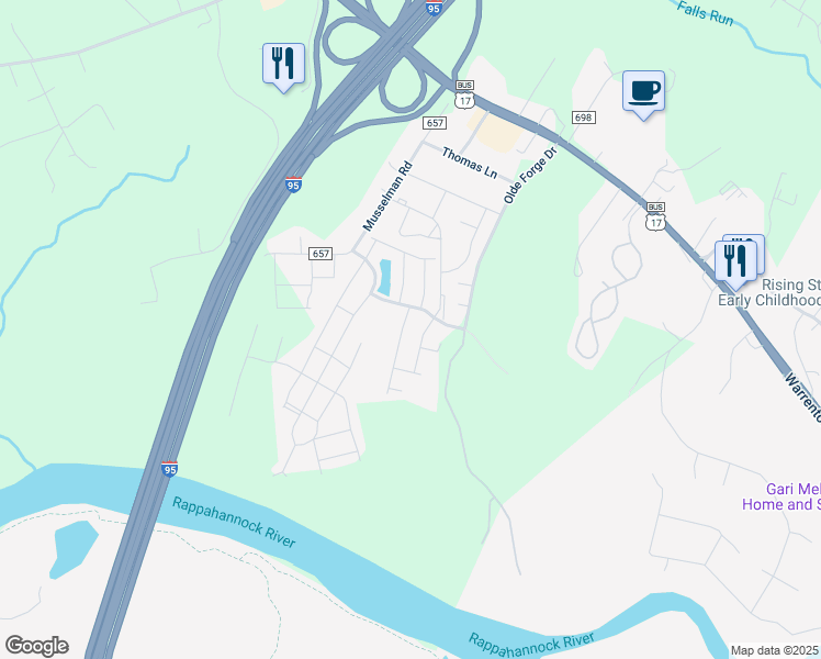 map of restaurants, bars, coffee shops, grocery stores, and more near Tree Line Drive in Fredericksburg