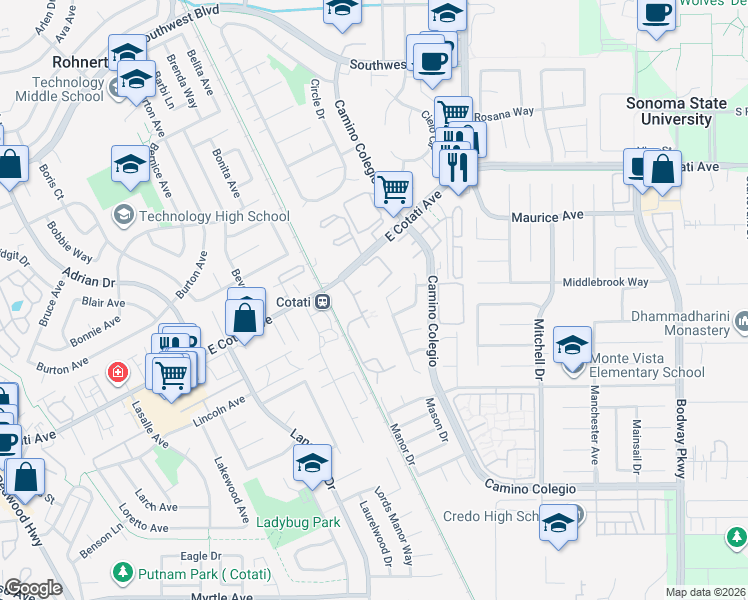 map of restaurants, bars, coffee shops, grocery stores, and more near 8238 Windmill Farms Drive in Cotati