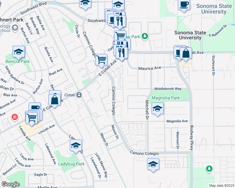 map of restaurants, bars, coffee shops, grocery stores, and more near 7781 Camino Colegio in Rohnert Park