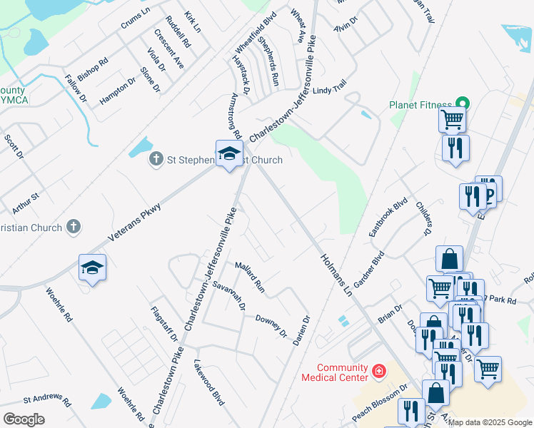 map of restaurants, bars, coffee shops, grocery stores, and more near 4 Abby Chase in Jeffersonville