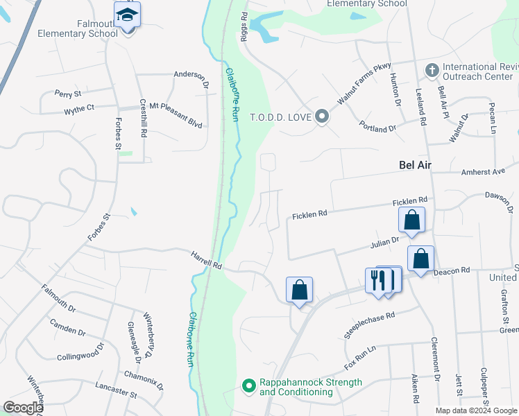 map of restaurants, bars, coffee shops, grocery stores, and more near 304 Dundee Place in Fredericksburg