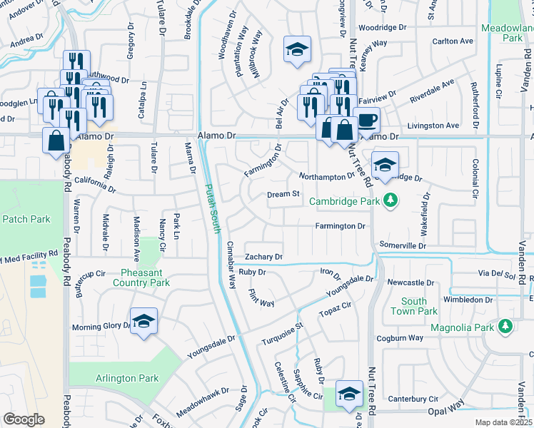 map of restaurants, bars, coffee shops, grocery stores, and more near 212 Paris Way in Vacaville