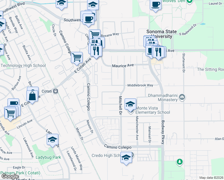 map of restaurants, bars, coffee shops, grocery stores, and more near 1368 Miramonte Place in Rohnert Park
