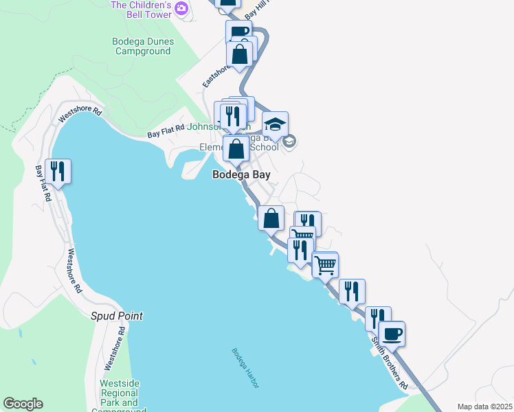 map of restaurants, bars, coffee shops, grocery stores, and more near 1010 California 1 in Bodega Bay