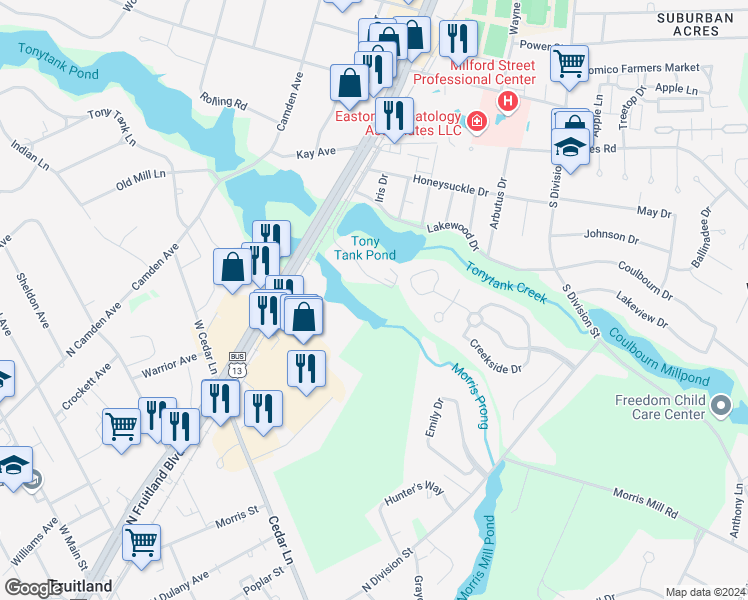 map of restaurants, bars, coffee shops, grocery stores, and more near 227 Canal Park Drive in Salisbury