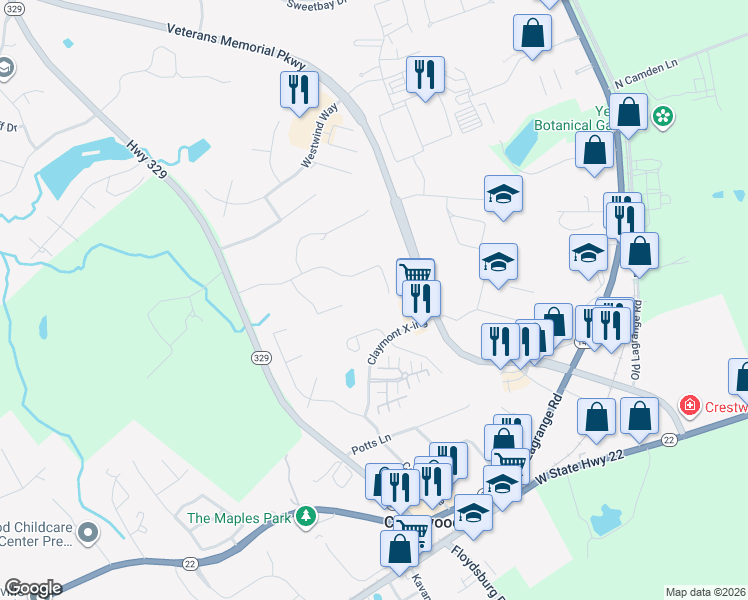 map of restaurants, bars, coffee shops, grocery stores, and more near 6502 Shelburn Drive in Crestwood