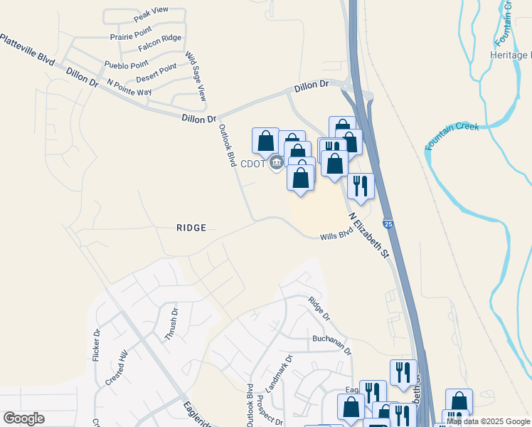map of restaurants, bars, coffee shops, grocery stores, and more near 5615 Wills Boulevard in Pueblo