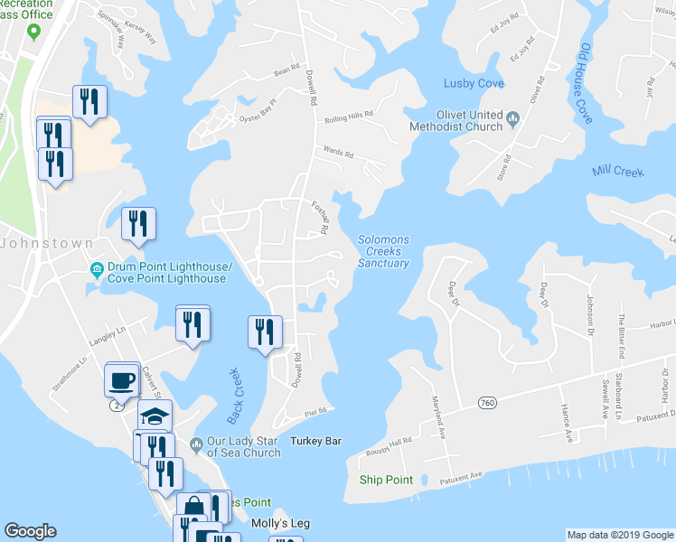 map of restaurants, bars, coffee shops, grocery stores, and more near 14334 Pennington Court in Solomons