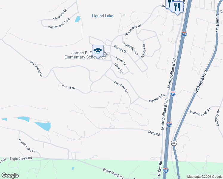 map of restaurants, bars, coffee shops, grocery stores, and more near 7657 Meadowbrook Lane in Barnhart
