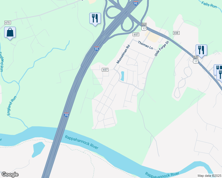 map of restaurants, bars, coffee shops, grocery stores, and more near 212 Streamview Drive in Fredericksburg