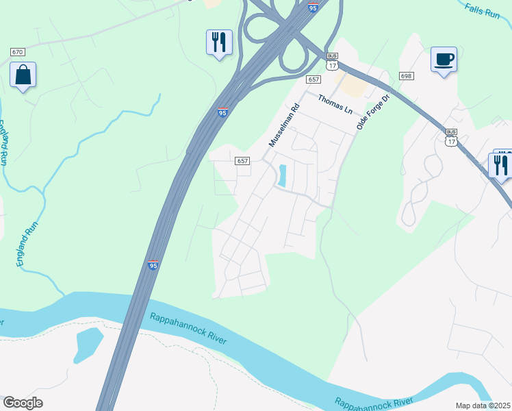 map of restaurants, bars, coffee shops, grocery stores, and more near 212 Streamview Drive in Fredericksburg