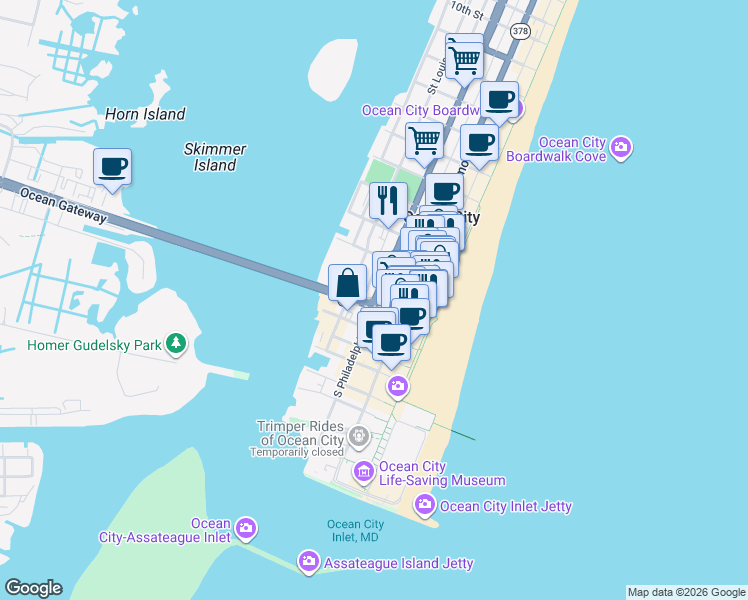 map of restaurants, bars, coffee shops, grocery stores, and more near North Division Street in Ocean City