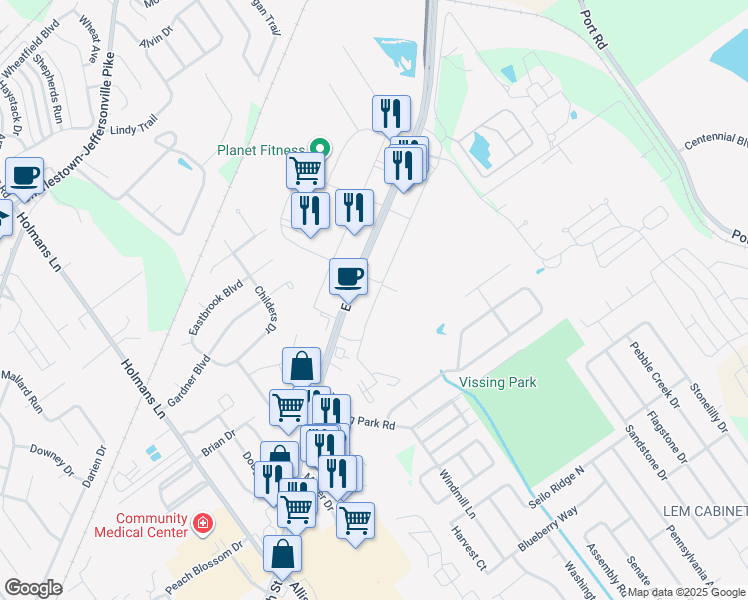 map of restaurants, bars, coffee shops, grocery stores, and more near 3498 Jefferson Ridge Drive in Jeffersonville
