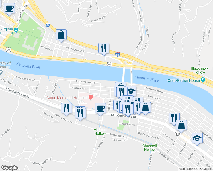 map of restaurants, bars, coffee shops, grocery stores, and more near 3309 Kanawha Avenue Southeast in Charleston