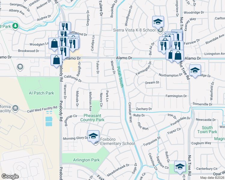 map of restaurants, bars, coffee shops, grocery stores, and more near 2162 California Drive in Vacaville