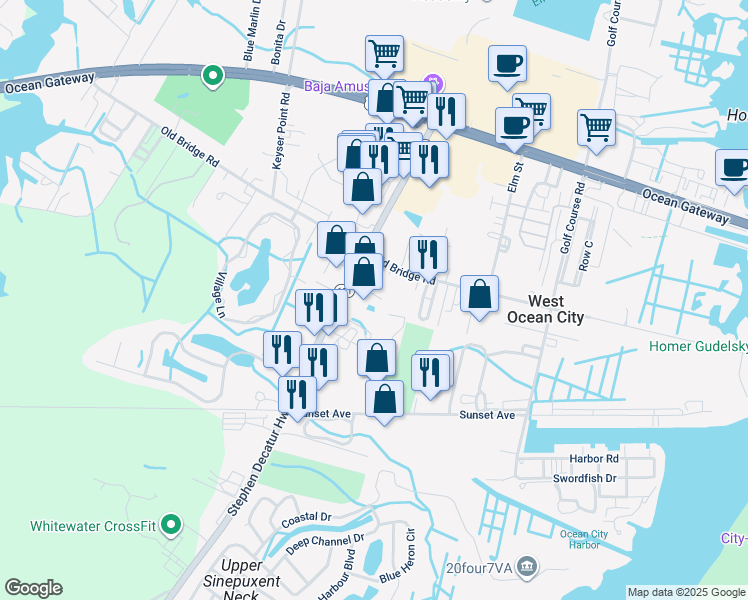 map of restaurants, bars, coffee shops, grocery stores, and more near 12622 Old Bridge Road in Ocean City